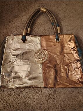 Vintage Two-Tone Metallic Patchwork Tote Bag - Gold & Silver